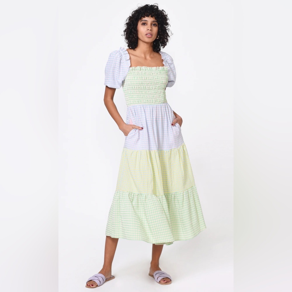 Greylin Nola Smocked Gingham Plaid Colorblock Tiered Midi Dress Sz M Pastel